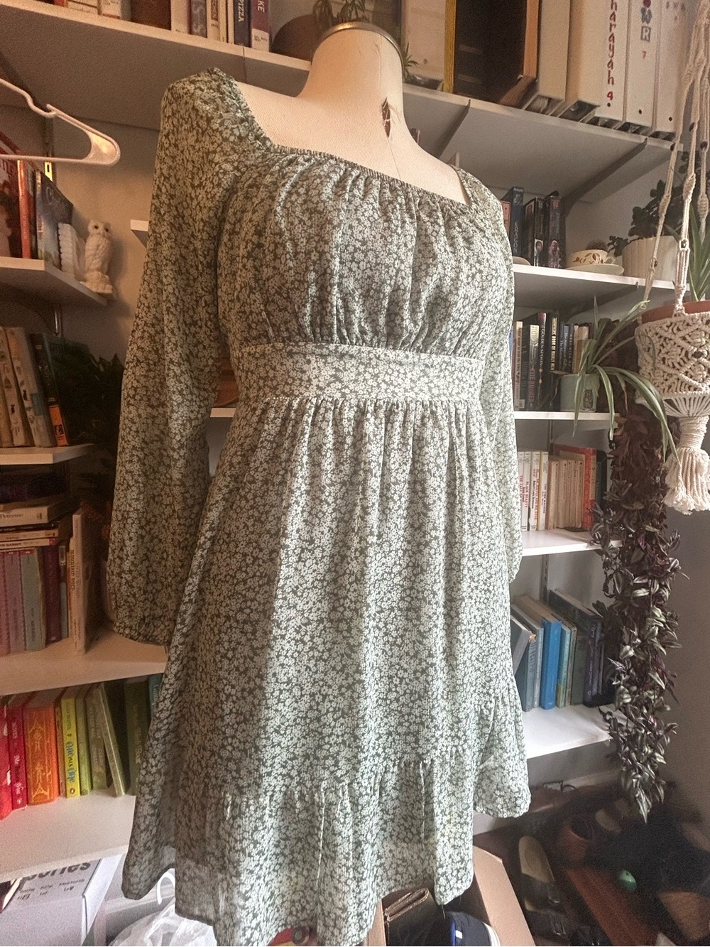 Sage Floral Long-Sleeve Smocked-Waist Dress